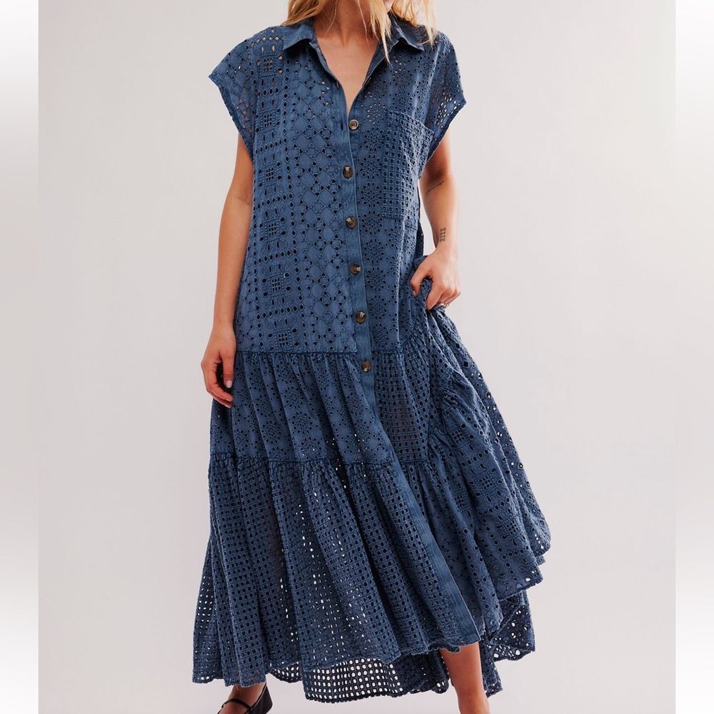 Free People Marieanne Eyelet Maxi Dress in Legion Blue